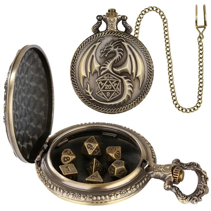 Polyhedral Dice Vintage Dragon Pocket Watch Case Combines Dice Pendant Chain For Entertaining Role-Playing Games