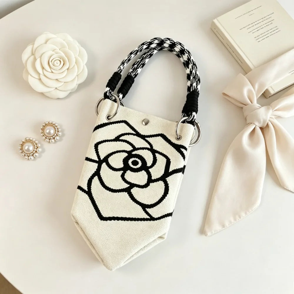 1Pc Women Mini Canvas Handbag with Black Camellia Pattern, Checkered Woven Handle Small Bucket Tote Bag, Fashion Lightweight Portable Top Handle Purse for Daily Shopping Coffee Date Travel