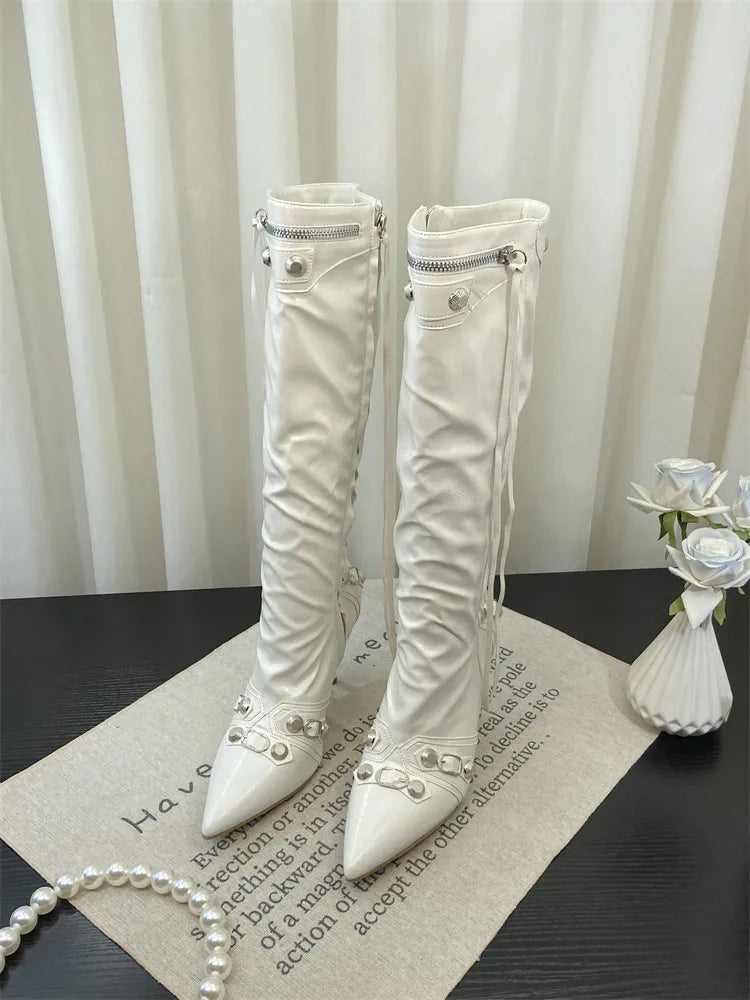 ZAROY Thin High Heels Knee-high Boots Women Winter Shoes Designer Tassels Rivet Side Zippers Sexy Pointed Toe Punk Long Booties