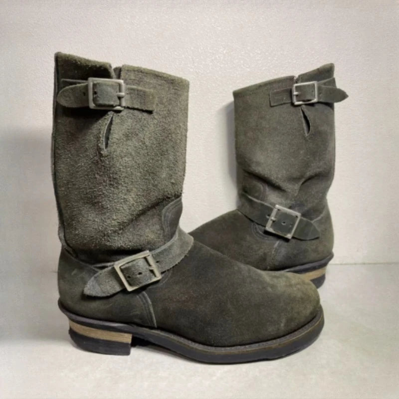 Handmade Vintage Velvet Khaki Work Boots Men's American Style Mid-Calf Retro Thick Bottom Belt Buckle Motobike Leather Boots