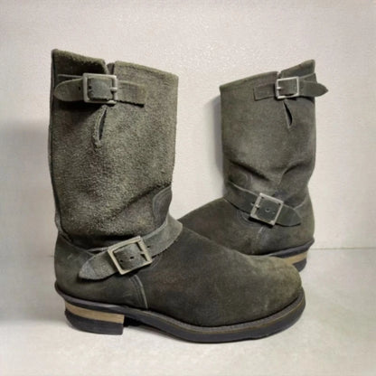 Handmade Vintage Velvet Khaki Work Boots Men's American Style Mid-Calf Retro Thick Bottom Belt Buckle Motobike Leather Boots