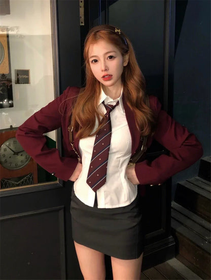 Korean Style Girls JK Uniform Suit Daily Red Blazer Coat Sexy Slim JK Wrap Buttock Skirt Women Preppy Summer School Uniform Suit