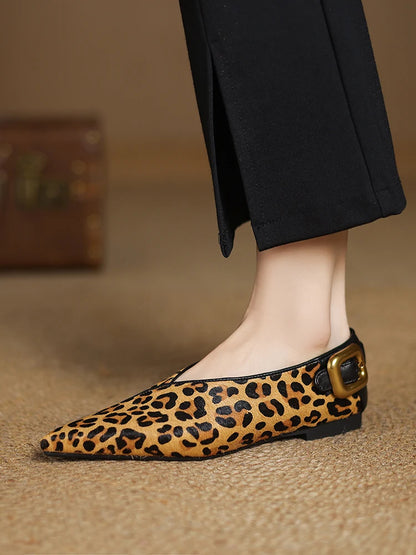 NEW 2025 Trend Genuine Leather Splicing Women Flats Spring Autumn Pattern Flat Shoes Lady Leopard Pointed Toe Buckle Style Shoes