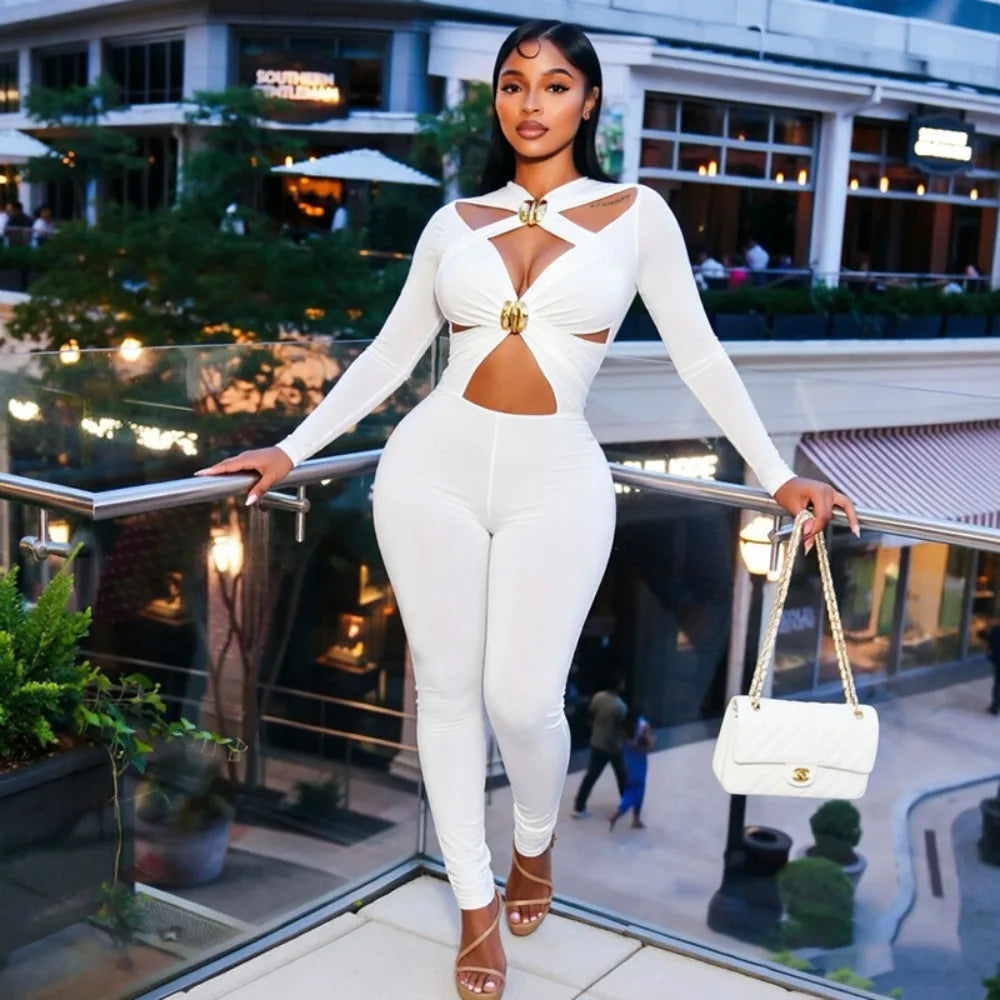 FLARORA Sexy Hollow Out Jumpsuits Woman Trend Metal Buckle Decoration Full Sleeve Skinny Peach Hip Party Club Street Overalls