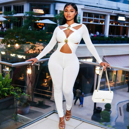 FLARORA Sexy Hollow Out Jumpsuits Woman Trend Metal Buckle Decoration Full Sleeve Skinny Peach Hip Party Club Street Overalls