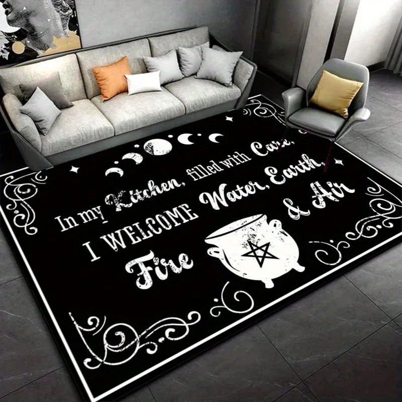 Witch Kitchen Spell Rug: Magical Elements for Cozy Interiors | Gothic Home Decor | Enchanting Black and White Area Rugs