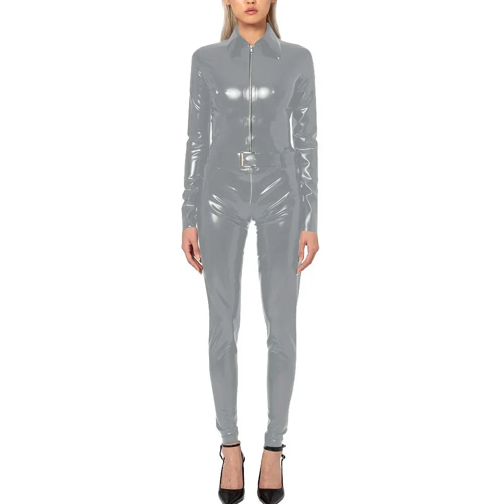 Plus Size Faux Latex Catsuit Elastic PVC Leather Zipper Long Sleeve Jumpsuit Tight Sexy Cosplay Rompers Ankle-length Club Zentai