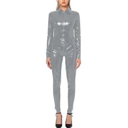 Plus Size Faux Latex Catsuit Elastic PVC Leather Zipper Long Sleeve Jumpsuit Tight Sexy Cosplay Rompers Ankle-length Club Zentai