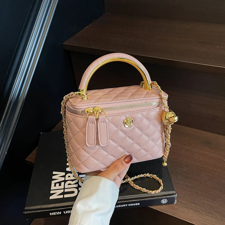Women Luxury Shoulder Bag Diamond Quilted Metal Flower Accent Large Capacity Zipper Adjustable Strap for Daily Travel Business