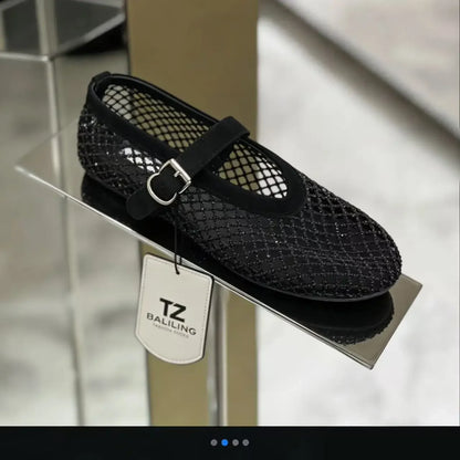 2026 New Model~ Fishnet Rhinestone Ballet Flat Mary Jane Women's Shoes with Hollowed-Out Strap