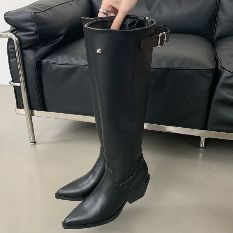 Eilyken Designer Belt Buckle Pointed Toe Women Knee-High Boots Fashion Winter Zipper Square Low Heels Female Shoes