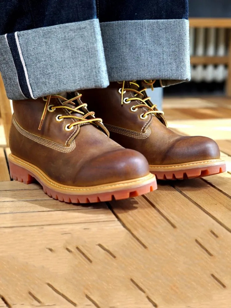 New Men Fashion Cow Suede Leather Round Toe Patchwork Comfortable Mid Heel Shoes Work Lace Up Male Handmade Wear Resistant Boots