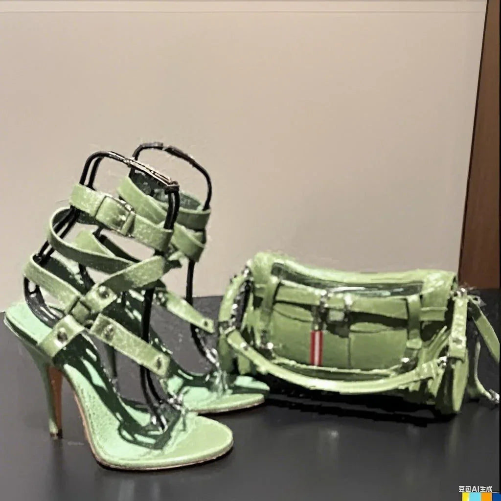 Gladiator Heels Cross Strap Heeled Sandals Rivets Women Deisgner Luxury Shoes Summer Sandalias De Mujer Solid Green Brown Zapato