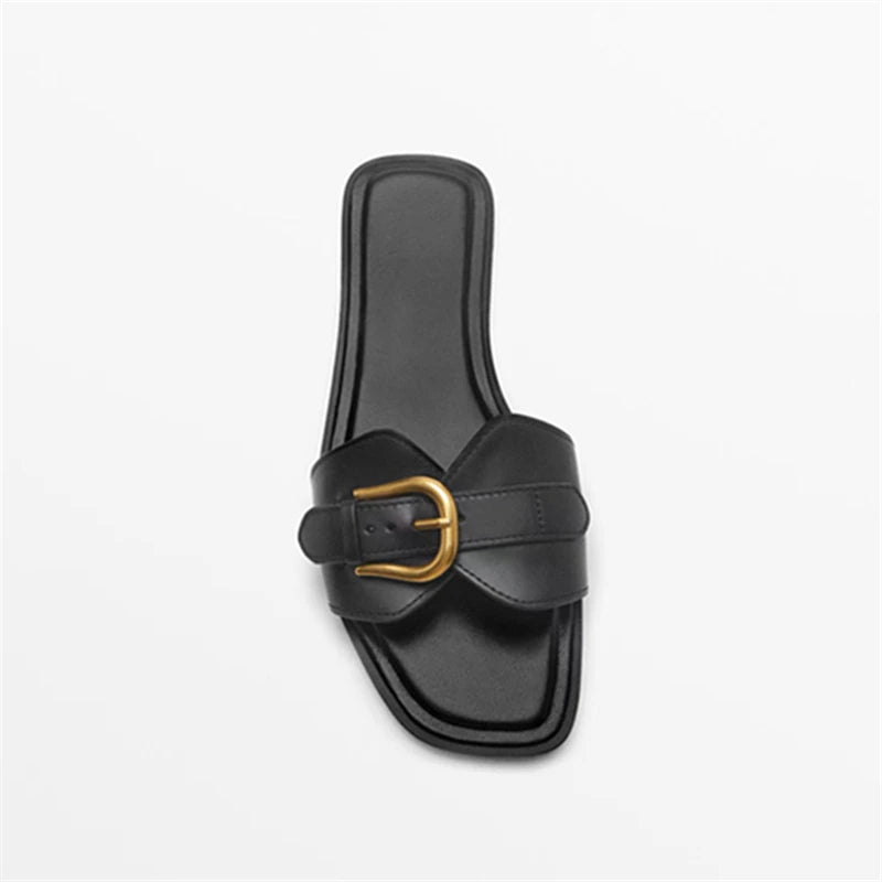 Slippers for Woman 2025 Summer Beach Flats Ladies Buckle Slides Gladiator Sandals Luxury Leather Mules Zapatos Mujer