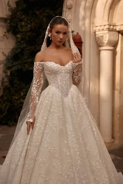 Luxury Sweetheart Lace Wedding Dress Off Shoulder Long Sleeve Prom Dresses A-line Elegant Bride Dress Customization