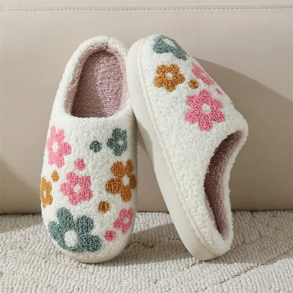 Women Floral Cotton Slippers, Thick Sole Soft Bottom Winter Indoor Home Warm Non‑Slip House Slippers