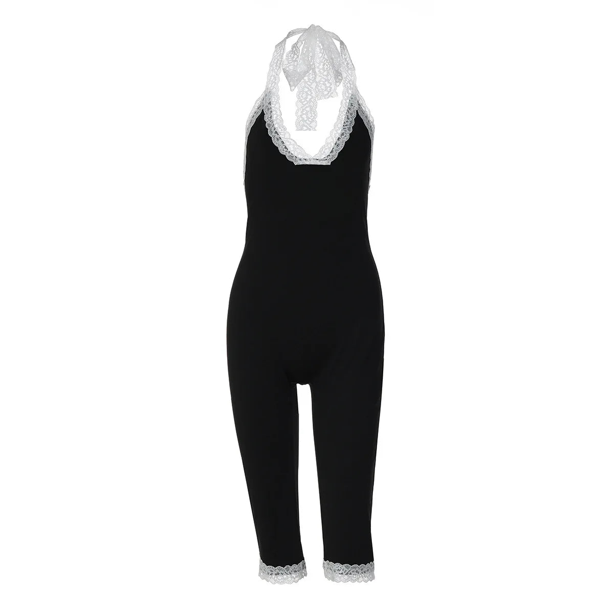 Joskaa Black Lace Trim Halter Capri Jumpsuits Women Sexy V-Neck Backless Sleeveless Bodycon Knee Length Rompers Y2K Streetwear