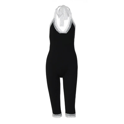 Joskaa Black Lace Trim Halter Capri Jumpsuits Women Sexy V-Neck Backless Sleeveless Bodycon Knee Length Rompers Y2K Streetwear