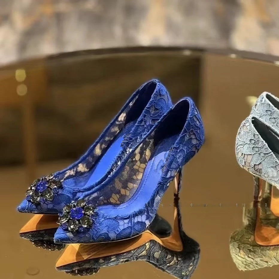 Mesh lace high-heeled shallow mouth shoes 2026 new pointed crystal buckle slim heel fashionable banquet women's single shoes