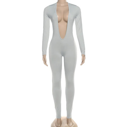 HLJ&GG Sexy Deep V Bodycon Backless One Piece Jumpsuits Women Long Sleeve Slim Playsuits Fashion Female Solid Party Club Overall
