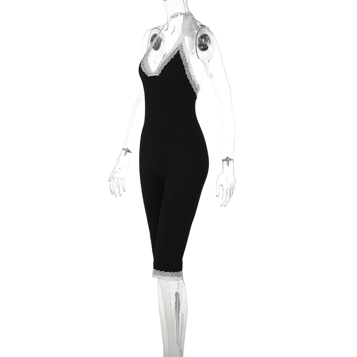 Joskaa Black Lace Trim Halter Capri Jumpsuits Women Sexy V-Neck Backless Sleeveless Bodycon Knee Length Rompers Y2K Streetwear