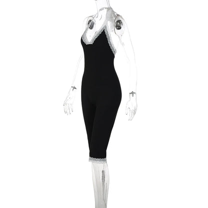 Joskaa Black Lace Trim Halter Capri Jumpsuits Women Sexy V-Neck Backless Sleeveless Bodycon Knee Length Rompers Y2K Streetwear