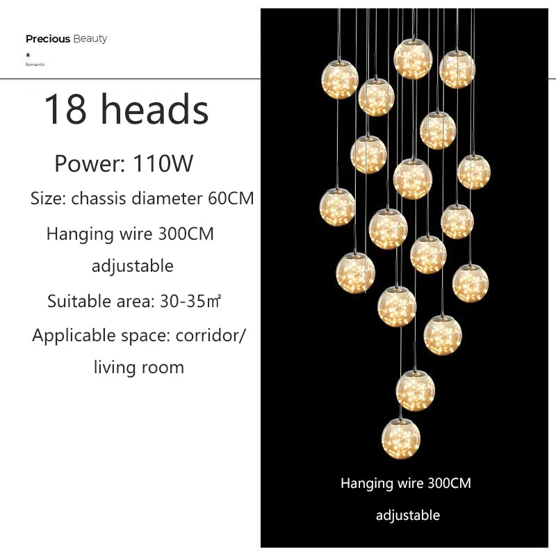 Modern LED Chandelier Glass Ball Dimmable Pendant Lamp for Staircase Living Room Home Decor Suspension Lighting Design Lusters