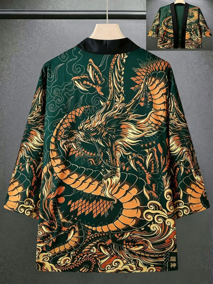 European And American men's Summer Retro Dragon Teng Print Soft And Breathable Open Top Traditional Kimono Outdoor Casual Top