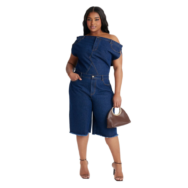Jumpsuits Women Denim One Piece Short Sleeve Overalls Knee Length Pants Tight Waist Rompers Y2k Streetwear Slash Neck 2026