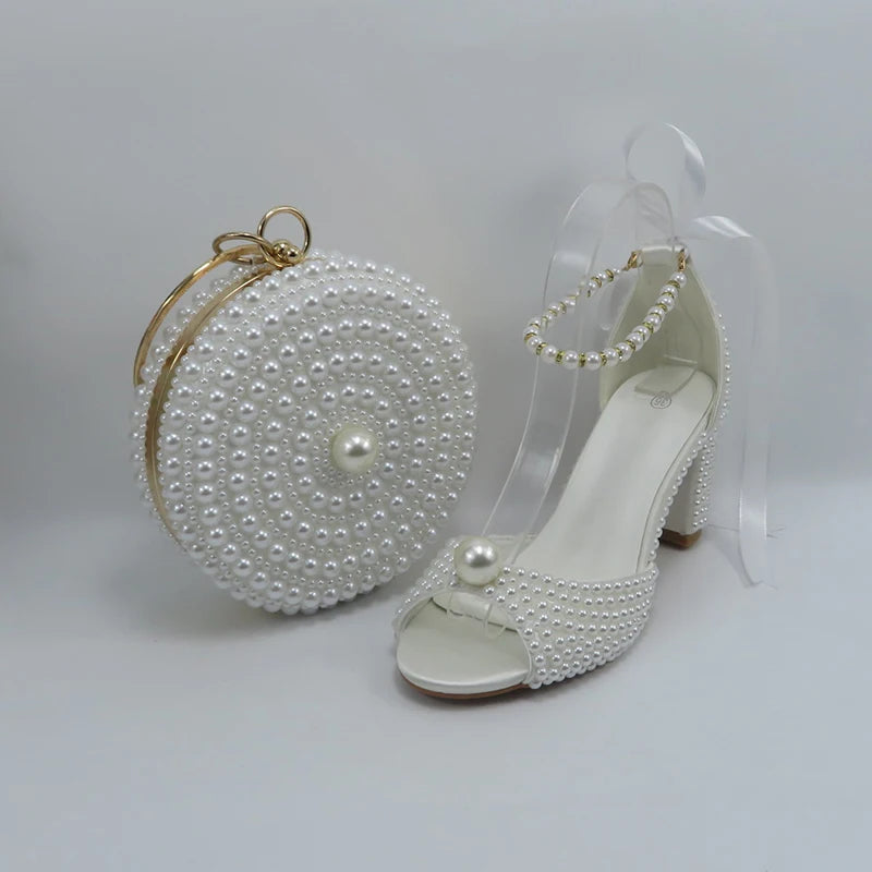 2024 New Customized White Women's Sandals Bridal Shoe Bag Set Women's Coarse Heel Big Pearl Women's Fashion Sandals Party Shoes