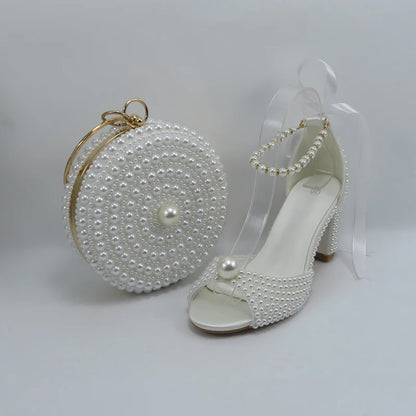 2024 New Customized White Women's Sandals Bridal Shoe Bag Set Women's Coarse Heel Big Pearl Women's Fashion Sandals Party Shoes