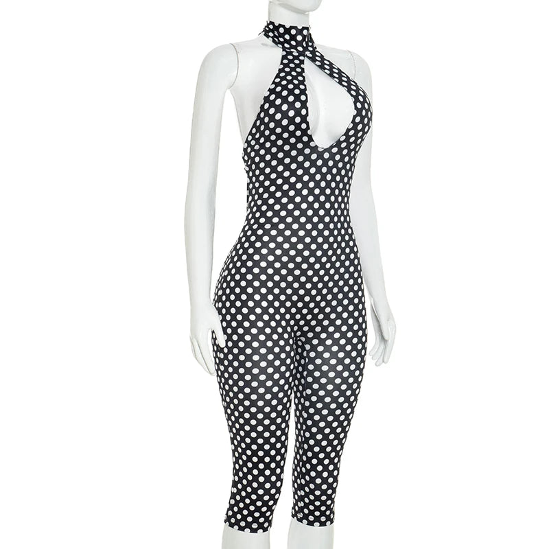 Polka dot print neck strap, big backless, tight fitting and slimming seven part jumpsuit