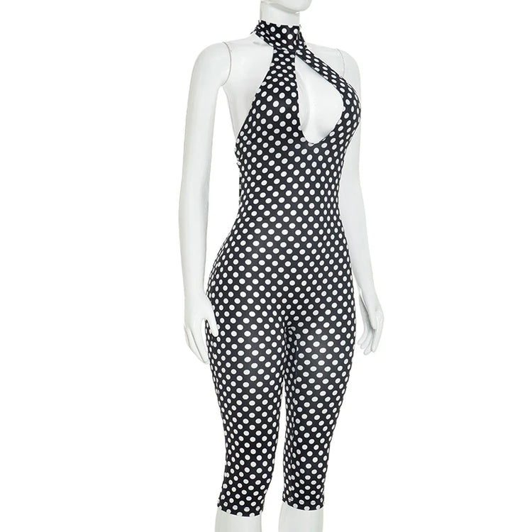 Polka dot print neck strap, big backless, tight fitting and slimming seven part jumpsuit