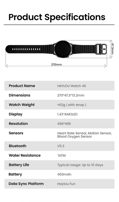 HAYLOU Watch 4S GPS Smartwatch 1.43” HD AMOLED Display 5 Satellite GPS Positioning 120+ Workout Modes Sport Fitness Smart Watch