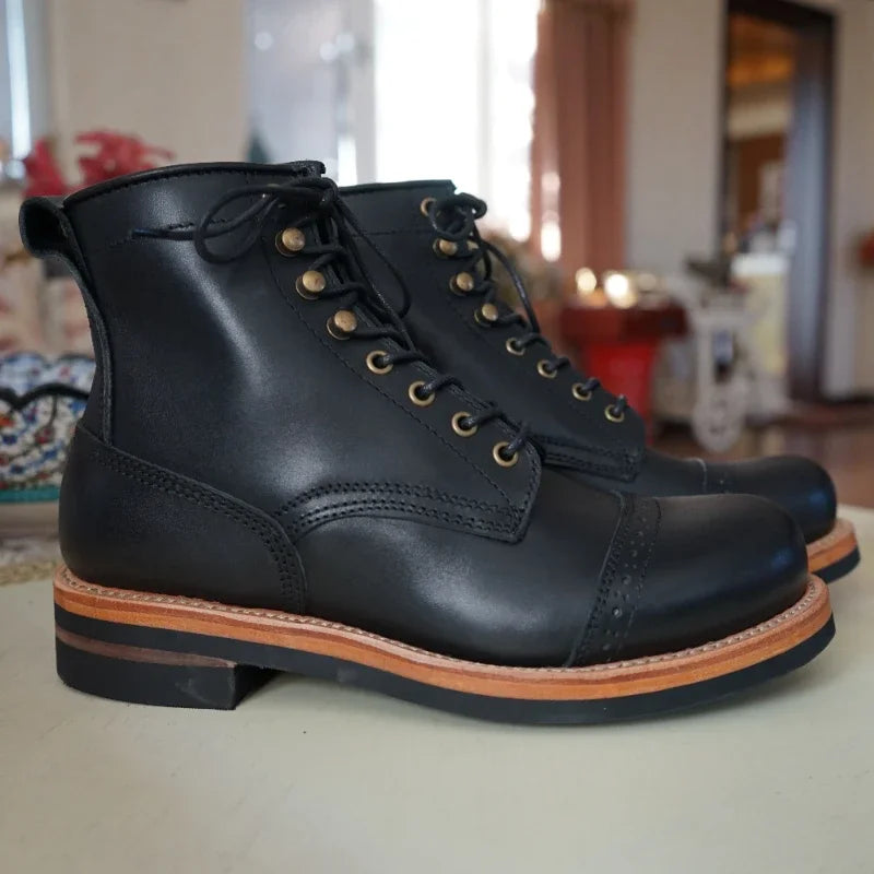 Goodyear-welding Workwear Men's Boots Leather Round Toe Mid-top Biker Shoes