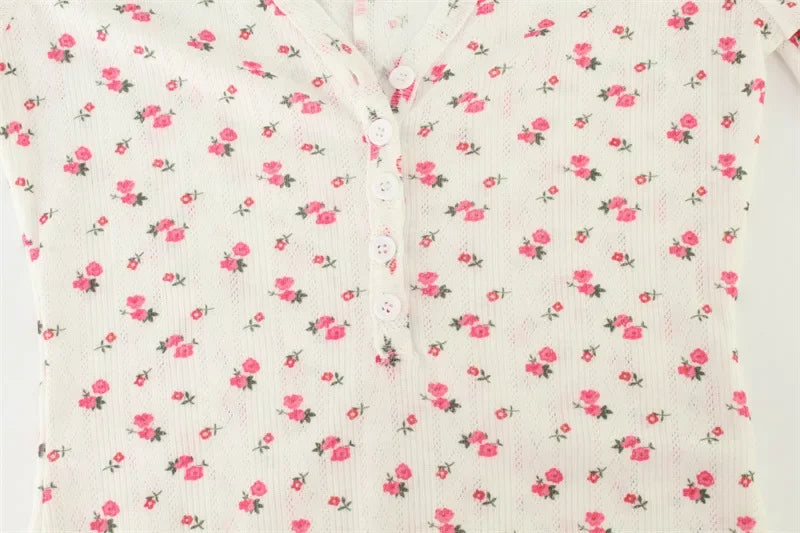 Casual Women Playsuits O-Neck Regular Long Sleeves t shirt Print Single Breasted Skinny Homewear Floral Sweet Femlae Rompers