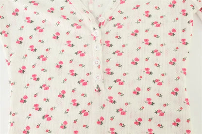 Casual Women Playsuits O-Neck Regular Long Sleeves t shirt Print Single Breasted Skinny Homewear Floral Sweet Femlae Rompers