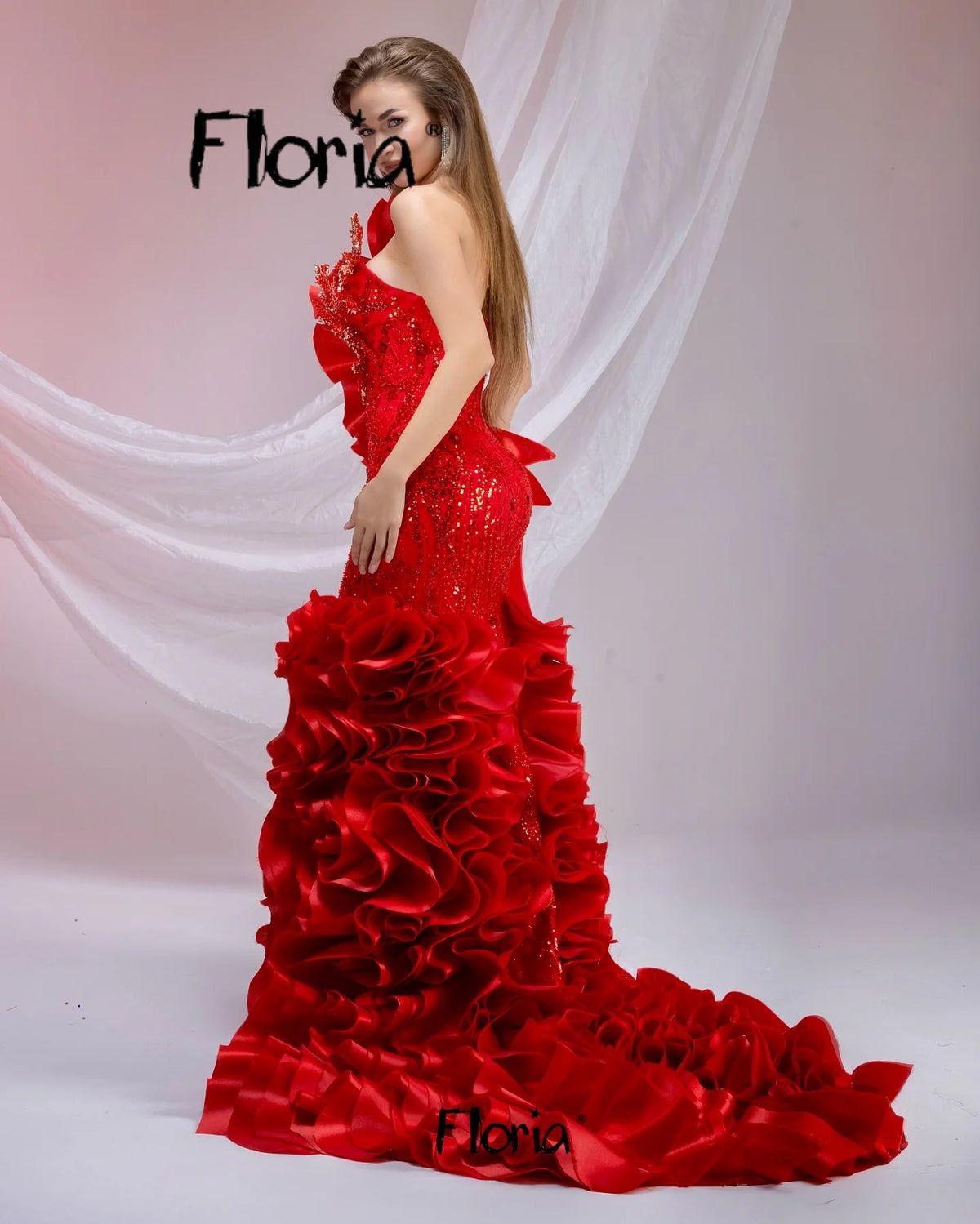 One Shoulder Red Ruffles 3D Leaf Prom Dress Glitter Birthday Party Gown Customized Dubai Formal Occasion Night Dress Engagement