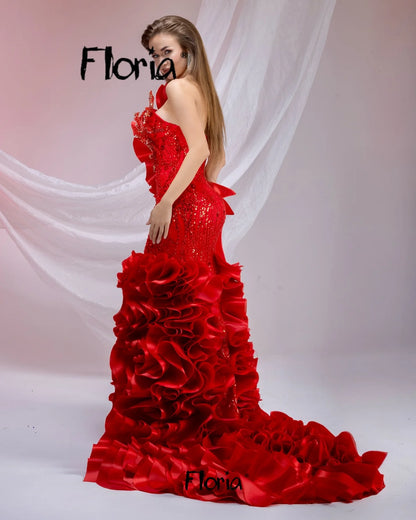 One Shoulder Red Ruffles 3D Leaf Prom Dress Glitter Birthday Party Gown Customized Dubai Formal Occasion Night Dress Engagement