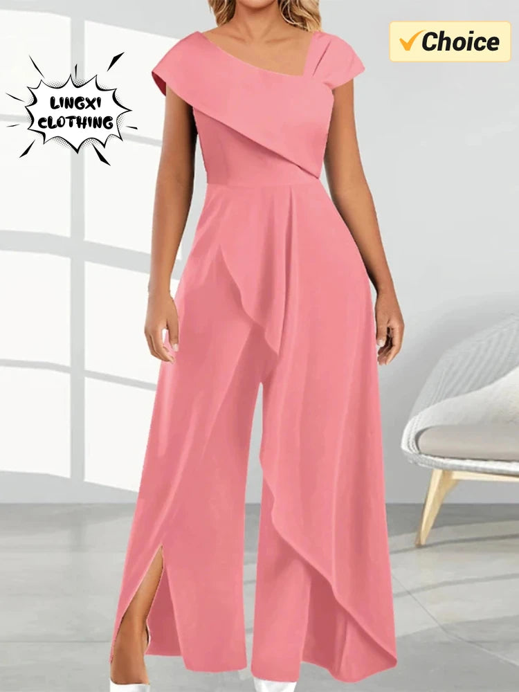 2024 Summer New Elegant Women's V-neck Irregular Jumpsuit Solid Color Short Sleeved Long Style Banquet Women's Jumpsuit