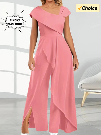 2024 Summer New Elegant Women's V-neck Irregular Jumpsuit Solid Color Short Sleeved Long Style Banquet Women's Jumpsuit