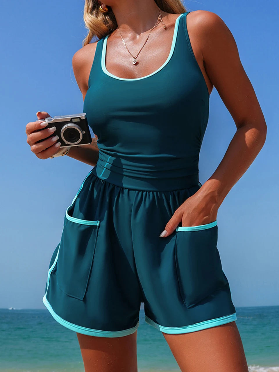 One Piece Contrast Swimwear 2026 New Women Sports Swimsuit With Shorts Female Bathers Bathing Swimming Bodysuit Beach Summer 2XL