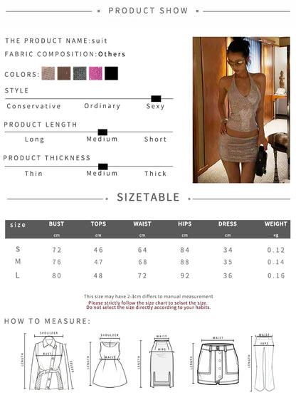 Kliou Sexy Shiny Sequin 2 Piece Set Woman Halter Low-Neck Backless Crop Tops+Skinny Wrap Hip Mini Skirt Midnight Club Party Suit