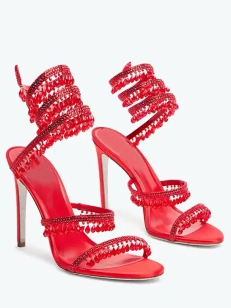 2026Women's New Water Diamond Sandals Fashion Tassel Crystal Shoes Sexy Banquet Party Twin Stiletto Women's Large Sandals