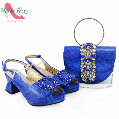 2025 Autumn New Design Specials Italian Women Shoes and Bag Set Pink Color Comfortable Mid Heels With Rhinestone