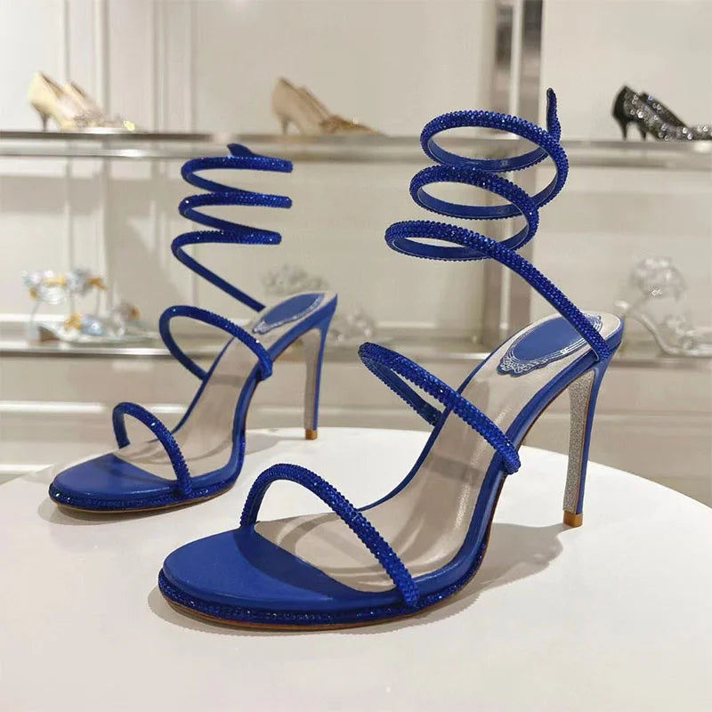 Summer Crystal Gladiator Sandals Women Rhinestone Twine Around Ankle Snake Wedding Shoes High Heels Sandals Woman
