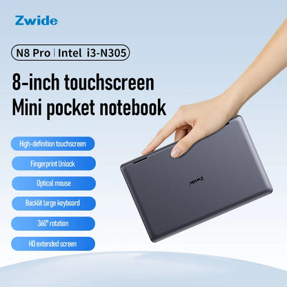 Zwide pocket book N8 Pro Intel i3-N305 touch screen 8 inch IPS 1920x1200 pixels FHD 16GB LPDDR5 mini notebook 360° flip yoga