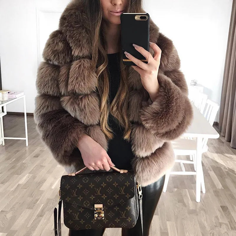 Fashion Winter Women Imitation Fox Fur Jacket Hooded Loose Long Sleeves Female Eco Fur Coat Patchwork Plush Thick Lady Fur Coat