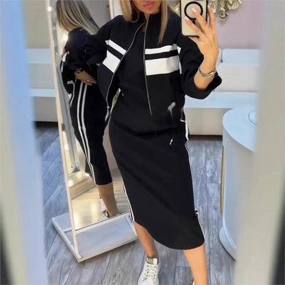 Women's Fashion Color-blocked White Striped Hip-covering Sweatshirt Dress 2piece Set Female Casual Zipper Jacket Coat Dress Suit
