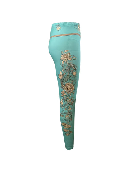 Women Mid‑Rise Fleece Lined Leggings Western Floral Print Warm Elastic Cowgirl Style Long Pants